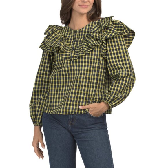 SUGAR LIPS Navy/green Long Sleeve Plaid Blouse With Flutter Detail - Picture 1 of 2